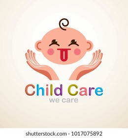 Cute baby cartoon vector flat icon, adorable child showing tongue child emoji. With tender hands of care of mother or nanny. Can be used as a logo.