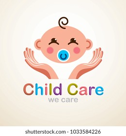 Cute baby cartoon vector flat icon, adorable happy child with nipple emoji. With mother or nanny tender hands of care. Can be used as a logo.
