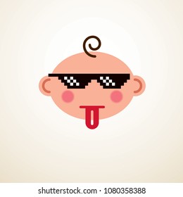 Cute baby cartoon vector flat icon, adorable happy and child showing tongue and pixel glasses of life thug emoji.