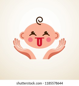 Cute baby cartoon vector flat icon, adorable child showing tongue child emoji. With tender hands of care of mother or nanny. Can be used as a logo.