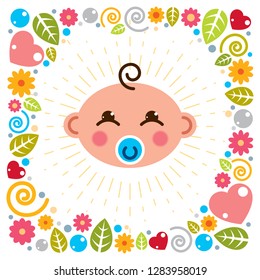 Cute baby cartoon vector flat icon, adorable happy and smiling child with nipple emoji. With nice childish frame of flowers, hearts and leaves.