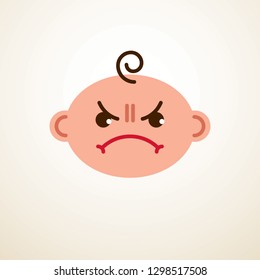 Cute baby cartoon vector flat icon, angry sad and unhappy child.