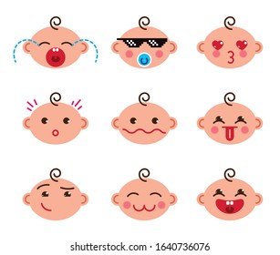 Cute baby cartoon vector flat icons set of emoji smiley collection, adorable, happy, smiling, laughing, showing tongue, cool pixel glasses, showing tongue, crying, sad and angry.