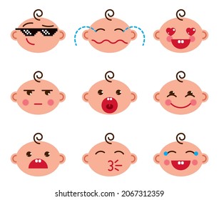 Cute baby cartoon vector flat icons set of emoji smiley collection, adorable, happy, smiling, laughing, showing tongue, cool pixel glasses, showing tongue, crying, sad and angry.