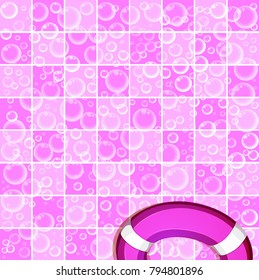 Cute baby cartoon vector template with floating soap bubbles on tiled pink and white bathroom wall background and life buoy in the corner. 