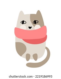 Cute baby cartoon vector winter cat wrapped in Christmas scarf. Color doodle scandinavian style for new year. Graphic resource for graphic, content, banner.