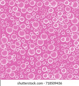 Cute baby cartoon wallpaper with realistic floating transparent soap bubbles on pink background. Vector illustration, poster, banner, template, print for wrapping paper or fabric.  Bubble pattern.