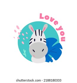 Cute baby cartoon zebra  design illustration. Wild tiny zebra animals in circle and tropical leaves. Text Love you. Hand drawn doodle art for banner, poster, print, cards, kid’s book.