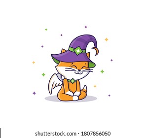 The Cute baby cat an angel sitting in hat at night. Vector Halloween illustration kitty on white. Amusing hero smiling for dias de los muertos, kids zone, posters , clothes design, and holidays party