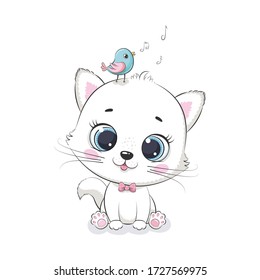 Cute baby cat with bird. Vector illustration for baby shower, greeting card, party invitation, fashion clothes t-shirt print.