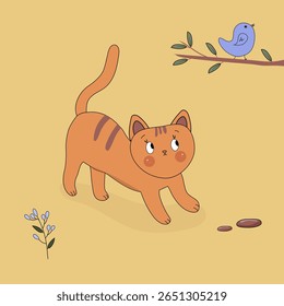Cute baby cat with bird. Vector illustration for baby shower, greeting card, party invitation, fashion clothes t-shirt print.