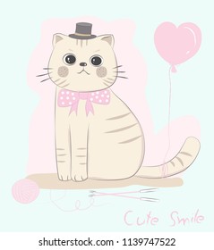 Cute baby cat bow ties with balloon shape pink heart. Hand drawn cartoon style 