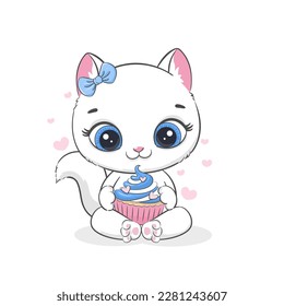 Cute baby cat with cake. Happy birthday concept. Vector illustration for baby shower, greeting card, party invitation, fashion clothes t-shirt print.