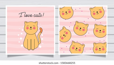 cute baby cat in the card. pattern background. vector illustration