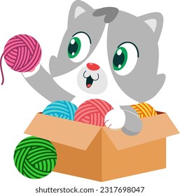 Cute Baby Cat Cartoon Character Playing With Balls Of Yarn In Carton. Vector Illustration Flat Design Isolated On Transparent Background