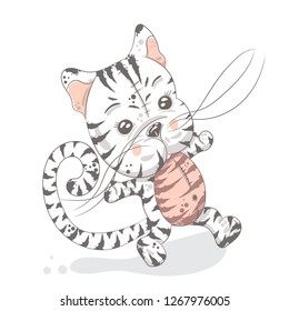 Cute baby cat cartoon hand drawn vector illustration. Can be used for baby t-shirt print, fashion print design, children wear, baby shower celebration, greeting and invitation card.