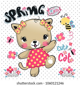 Cute baby cat cartoon wearing dress and bows holding pink flowers having fun with springs on polka dot background illustration vector.