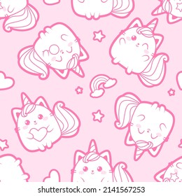Cute Baby Cat Caticorn or Kitten Unicorn - pink vector seamless pattern. Kawaii Cat Unicorn with lollipop. Isolated vector illustration for kids design prints, posters, t-shirts, stickers svg