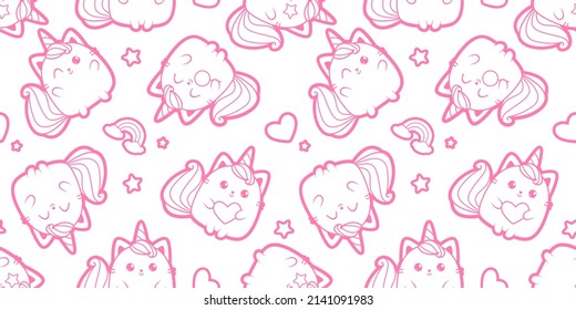 Cute Baby Cat Caticorn pattern. White Kitten Unicorn - pink vector seamless pattern. Kawaii Cat Unicorn with lollipop. Isolated vector illustration for kids design prints, posters, t-shirts, stickers svg
