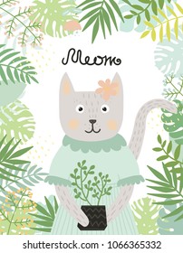 Cute baby cat character. Hand drawn vector illustration. Summer tropical jungle set. Meom