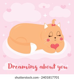 Cute baby cat character on the cloud in cartoon style Cat in love Greeting card for valentine day Vector illustration