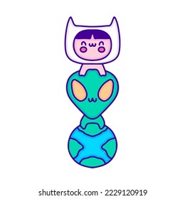 Cute baby in cat costume with alien and earth planet doodle art, illustration for t-shirt, sticker, or apparel merchandise. With modern pop and kawaii style.