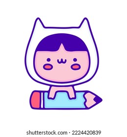 Cute baby in cat costume with pencil doodle art, illustration for t-shirt, sticker, or apparel merchandise. With modern pop and kawaii style.