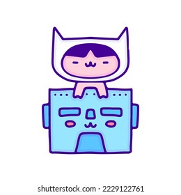 Cute baby in cat costume with robot doodle art, illustration for t-shirt, sticker, or apparel merchandise. With modern pop and kawaii style.