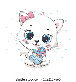 Cute Baby Cat With Cupcake. Vector Illustration For Baby Shower, Greeting Card, Party Invitation, Fashion Clothes T-shirt Print.