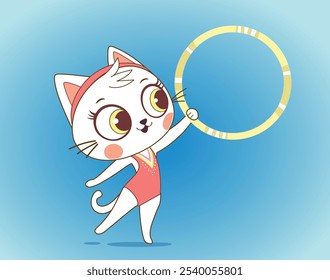 Gato lindo del bebé hace gimnasia felizmente con el aro en leotardo. Animales de dibujos animados, gimnasia rítmica. Clipart para niños, Ilustración vectorial.