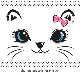 Cute baby cat face with bow on white isolated background illustration vector.