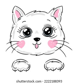 Cute baby cat face, kitten head with paws on white isolated background illustration vector.