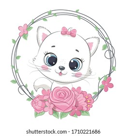 Cute baby cat with flower wreath. Vector illustration for baby shower, greeting card, party invitation, fashion clothes t-shirt print.