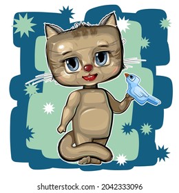 Cute baby Cat friendly with the bird. Funny little animal. Illustration for children. On abstract backdrop. Isolated over white background. Vector.