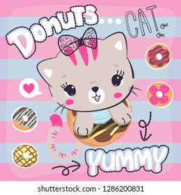 Cute baby cat girl cartoon inside a donut on striped background illustration vector, T-shirt design for kids.