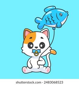 Cute Baby Cat Holding Fish Balloon Cartoon Vector Icon Illustration. Animal Food Icon Concept Isolated Premium Vector. Flat Cartoon Style