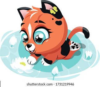 Cute baby cat laying on water lily pad, playing with flowers. Hot sunny day, summer. Vector illustration for textile, poster, card or etc.
