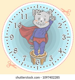 Cute baby cat on clock face. Adorable animal cartoon. Dial for alarm, table, wall clocks model, wristwatch, pocket watch, timer or stopwatch for kids. For learning time at preschool and singly.