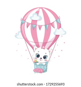 Cute baby cat on a hot air balloon. Vector illustration for baby shower, greeting card, party invitation, fashion clothes t-shirt print.