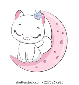 Cute baby cat on moon. Good night and sweet dreams. Vector illustration for baby shower, greeting card, party invitation, fashion clothes t-shirt print.
