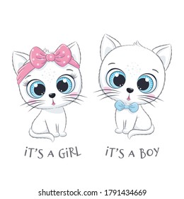 Cute baby cat with phrase "It's a boy" and "It's a girl"
