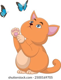 cute baby cat playing with butterflies cartoon