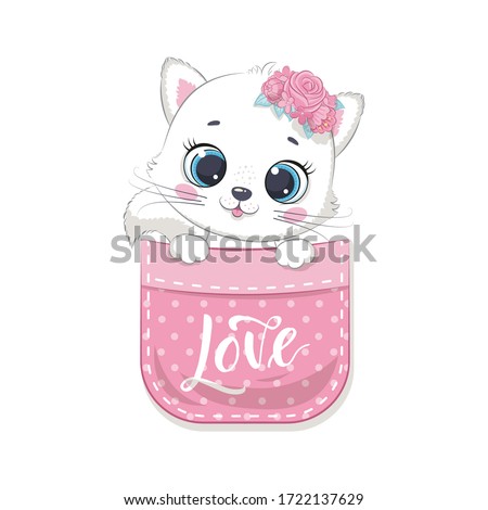 Cute baby cat in pocket. Vector illustration for baby shower, greeting card, party invitation, fashion clothes t-shirt print.