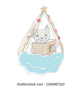 Cute baby cat is reading a book in a tent on a cloud. Vector illustration for children's t-shirts, clothes, textile, placards, posters