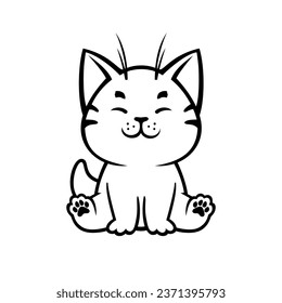 Cute baby cat. Satisfied sitting kitten. Children's vector illustration, black and white silhouette of a little kitten.