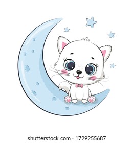 Cute baby cat sitting on the moon. Vector illustration for baby shower, greeting card, party invitation, fashion clothes t-shirt print.