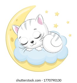 Cute baby cat sleeping on a cloud. Vector illustration for baby shower, greeting card, party invitation, fashion clothes t-shirt print.