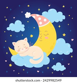 Lindo bebé gato durmiendo en una nube. Cielo estrellado con media luna. Caricatura dibujada a mano para invitación, póster, pegatina, impresión y tarjeta de felicitación. Ilustración vectorial infantil