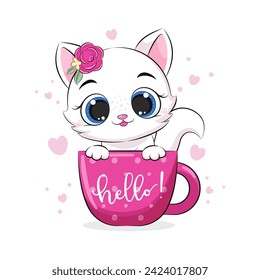 Cute baby cat. Vector illustration for baby shower, greeting card, party invitation, fashion clothes t-shirt print.