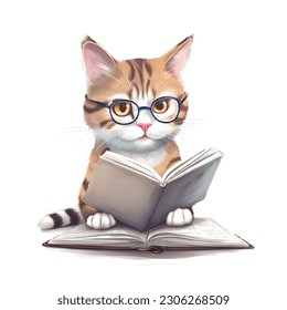 Cute baby cat wearing glasses reading notebook